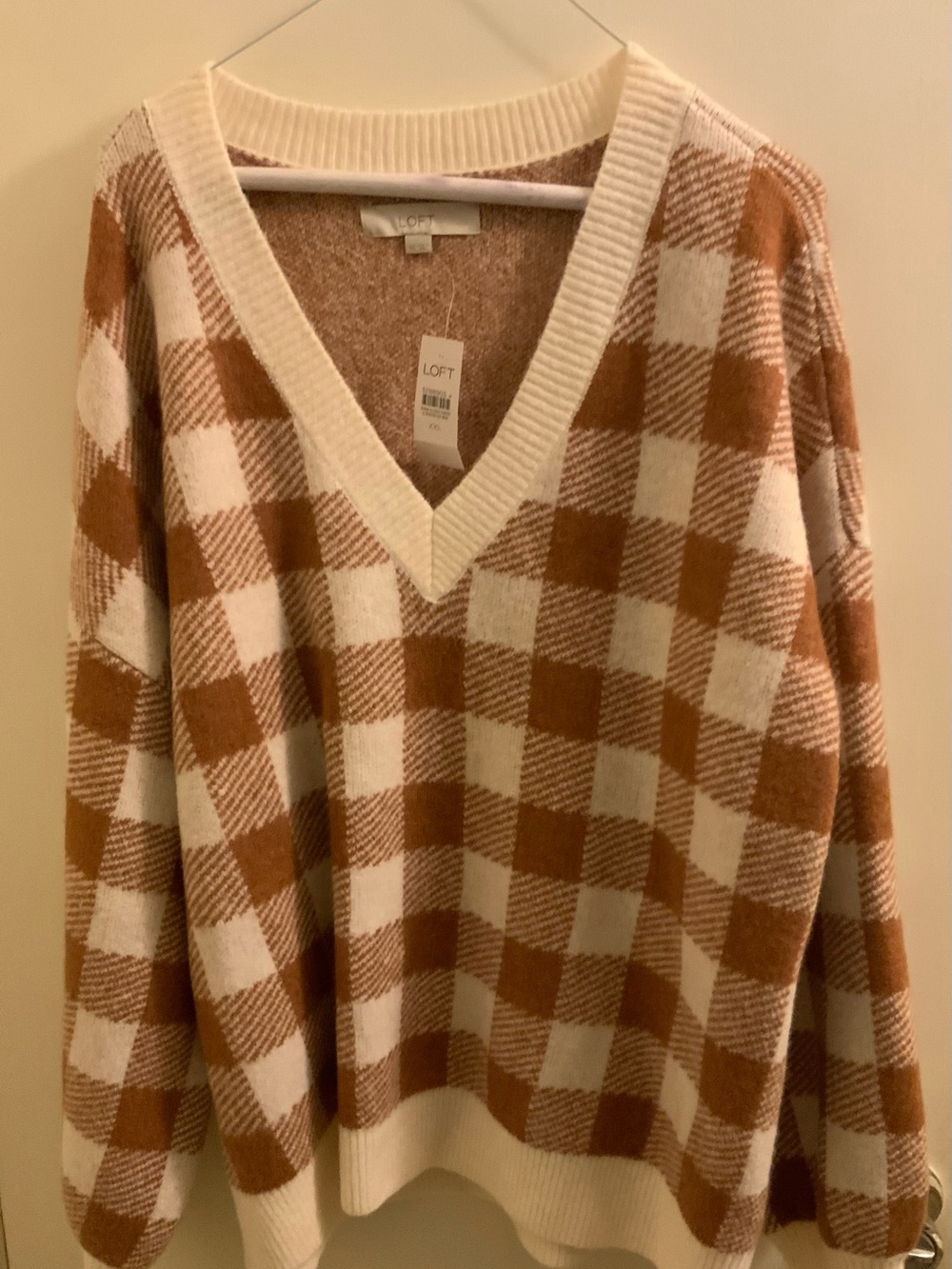 LOFT V-Neck Buffalo Check Sweater in Cream and Brown